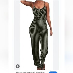 Striped dark olive green and White striped Jumpsuit w front knot detail